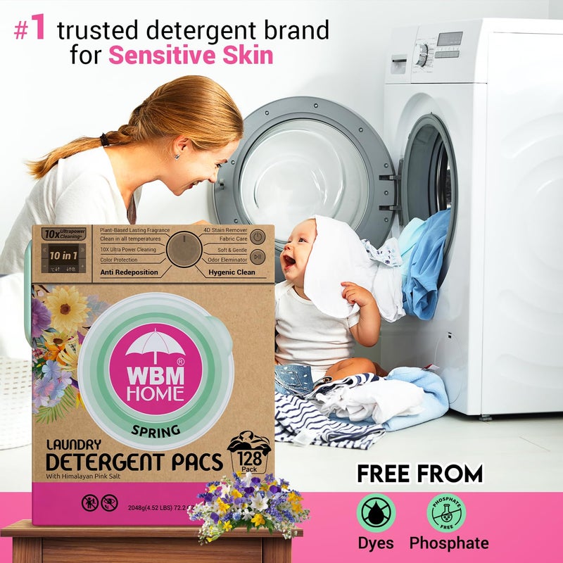 WBM Home Laundry Detergent Pods, Spring Fragrance Scent, 128 Count - HE Concentrated Laundry Pods With 10x Ultrapower Cleaning and 4D Laundry Stain Remover - Image 5
